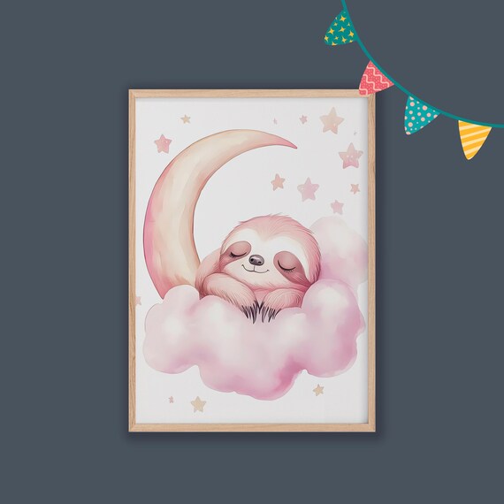 Cute Sleeping Sloth Pink Moon Cloud Stars Nursery Art Poster