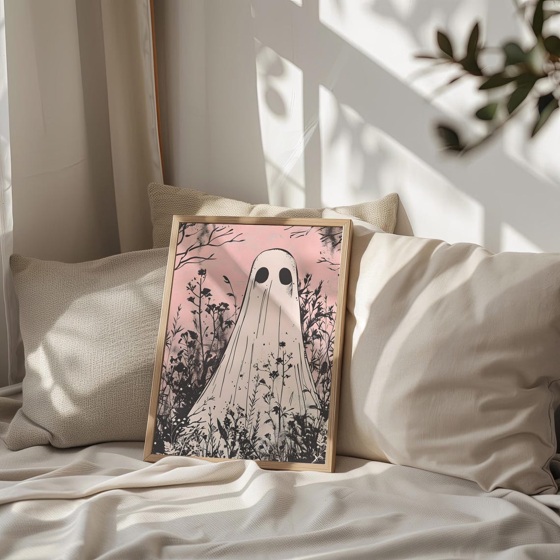 Cute Pink Ghost Among Black Wildflowers Vintage Halloween Poster - Image 2