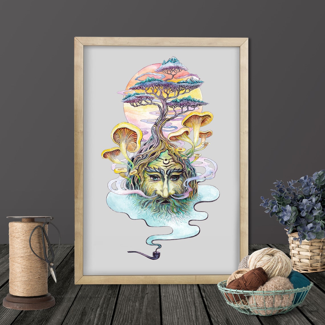Bearded Man Face With Tree And Mushrooms Surreal Fantasy Art Poster