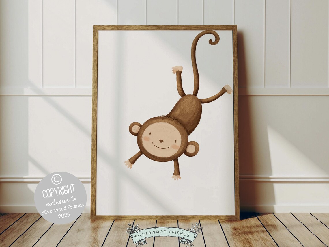 Climbing Monkey Nursery Decor, Safari Kids Room Art Print