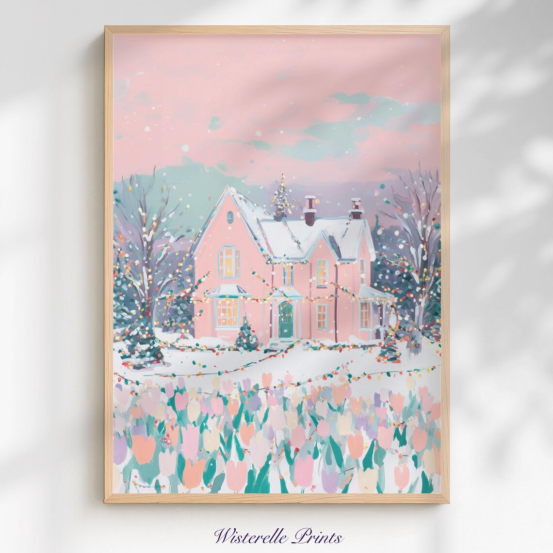 Pink Snowy Cottage Christmas Poster Cozy Winter House Lights Coquette Art