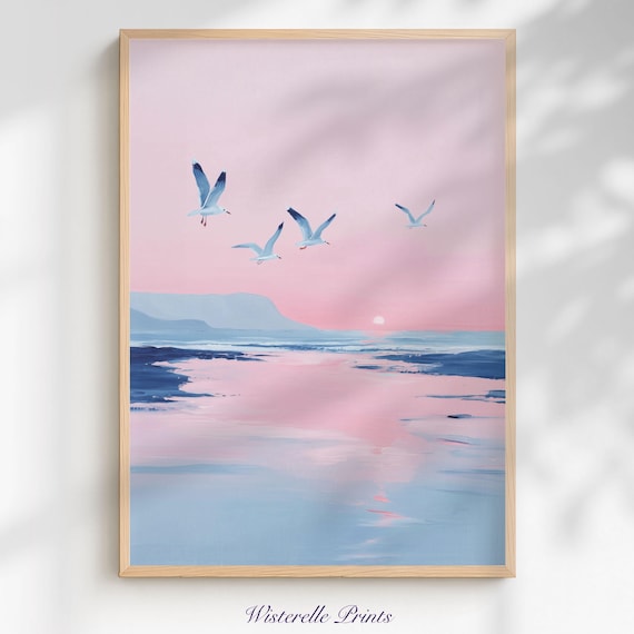Pink Sunset Seascape Seagulls Flying Minimalist Ocean Poster