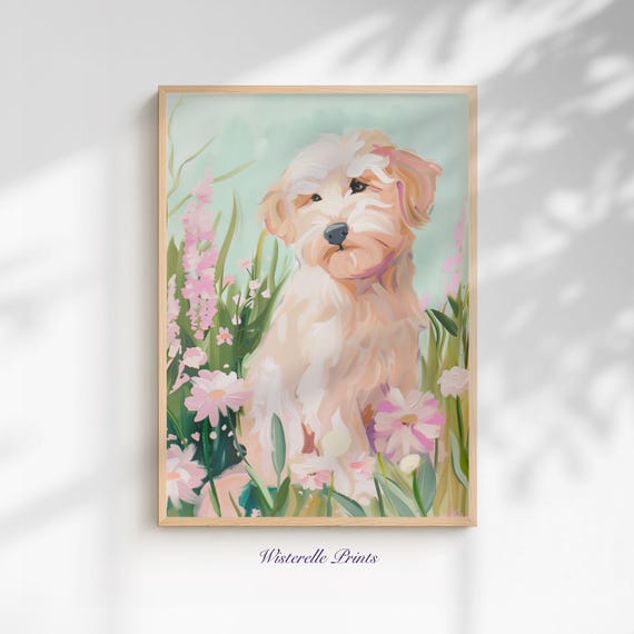 Goldendoodle Pastel Wall Art Print Cute Floral Dog Decor Pink Puppy Illustration Gift For Lovers