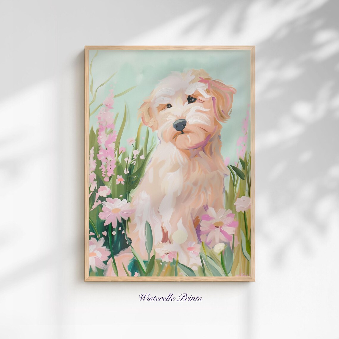 Cream Puppy Sitting Among Pink Flowers Pastel Watercolor Wall Art