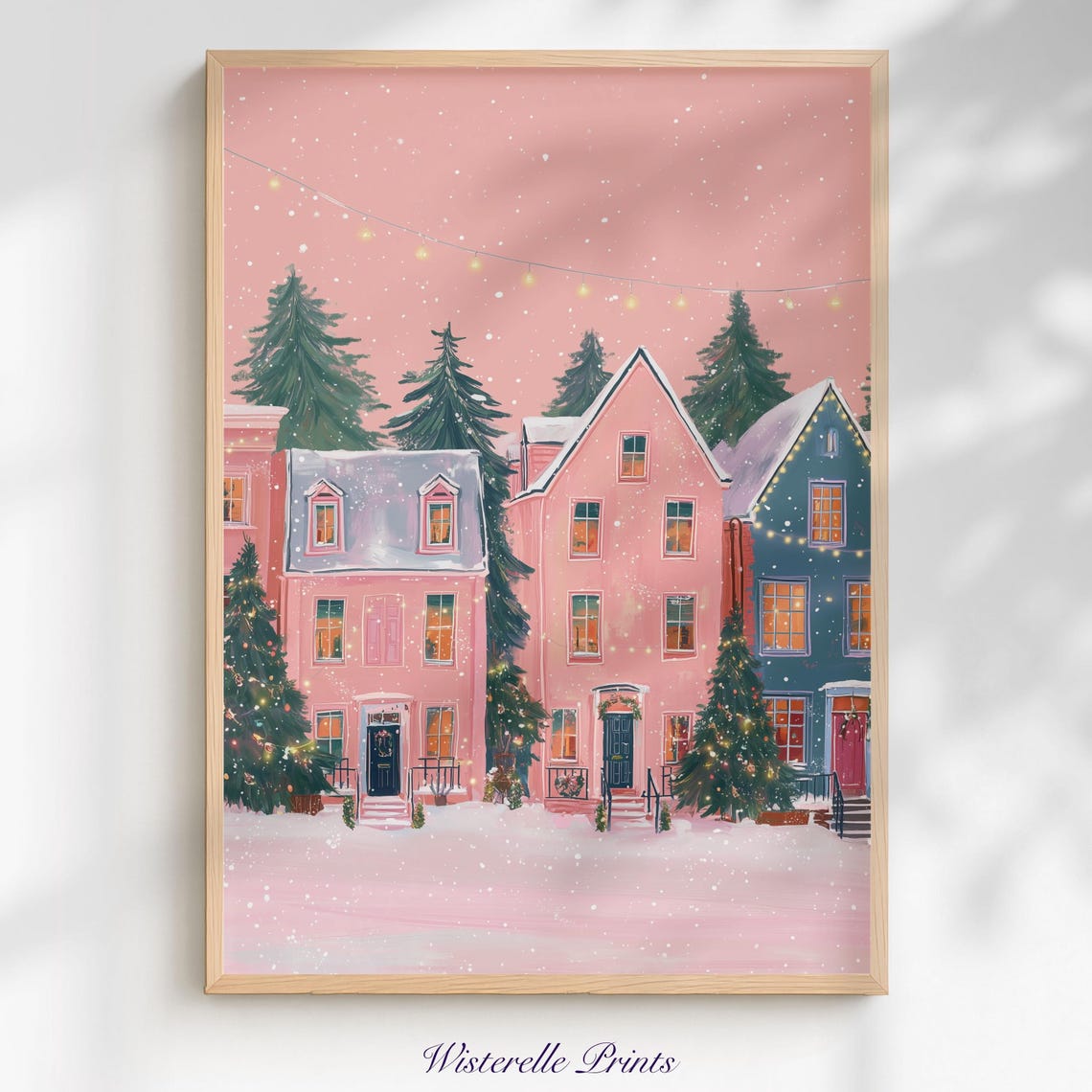 Pink Christmas Town Snowy Houses String Lights Holiday Scene Poster