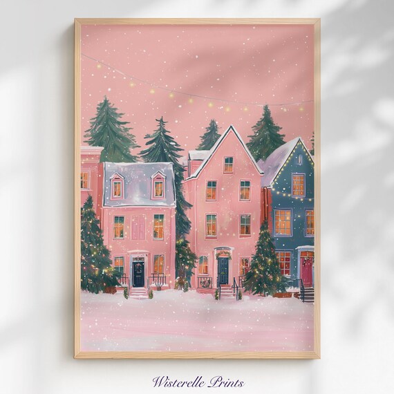 Pink Christmas Town Snowy Houses String Lights Holiday Scene Poster