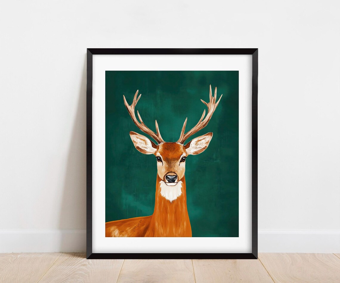 Majestic Stag With Antlers Emerald Green Background Wildlife Art Poster - Image 3