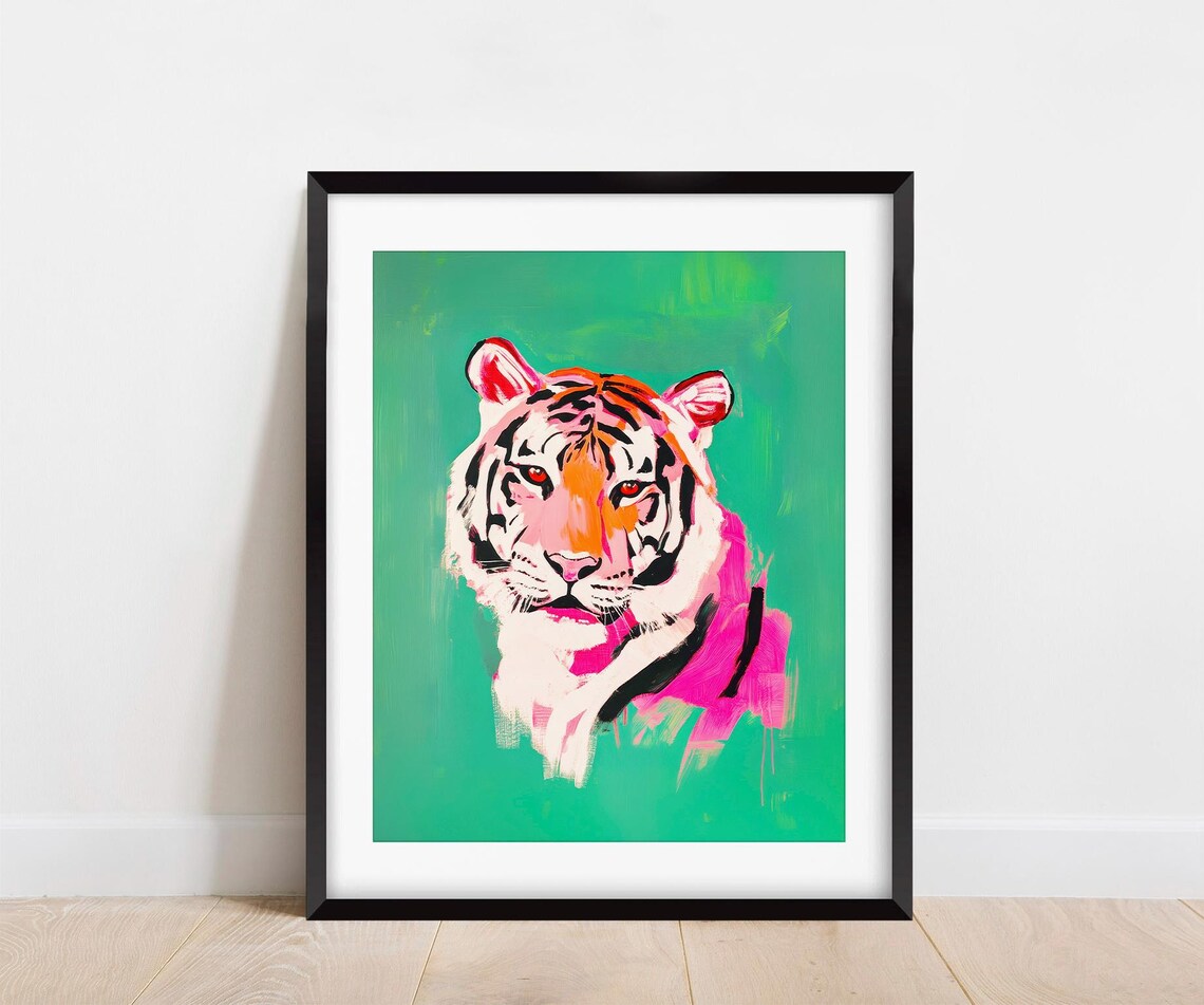 Bold Tiger Face Portrait Hot Pink Emerald Green Pop Art Poster - Image 4