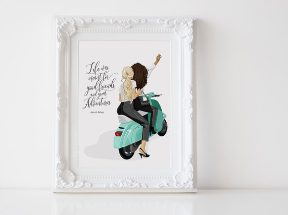 Best Friends Scooter Adventure Personalized Friendship Gift Wall Art