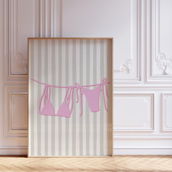 Pink Bikini on a Line Poster With Sage Stripes for Coastal Decor