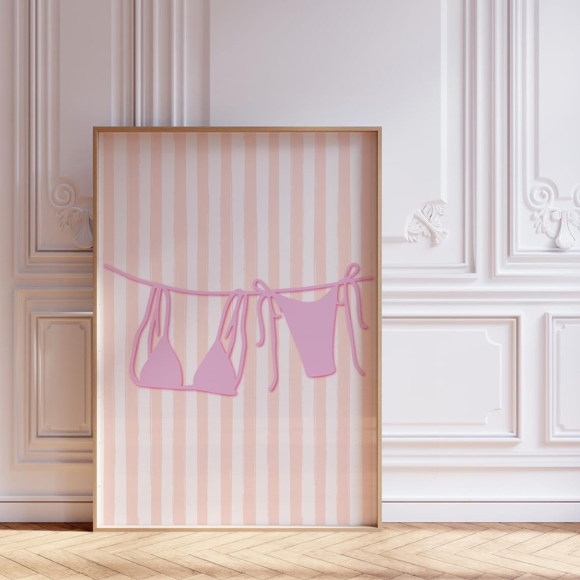 Pink Bikini Hanging on Line Poster With Peach Stripes for Dorm Decor
