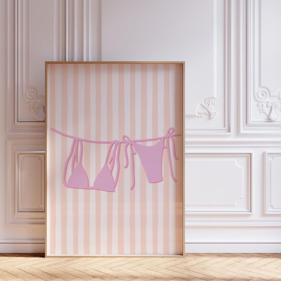 Pink Bikini Hanging on Line Poster With Peach Stripes for Dorm Decor