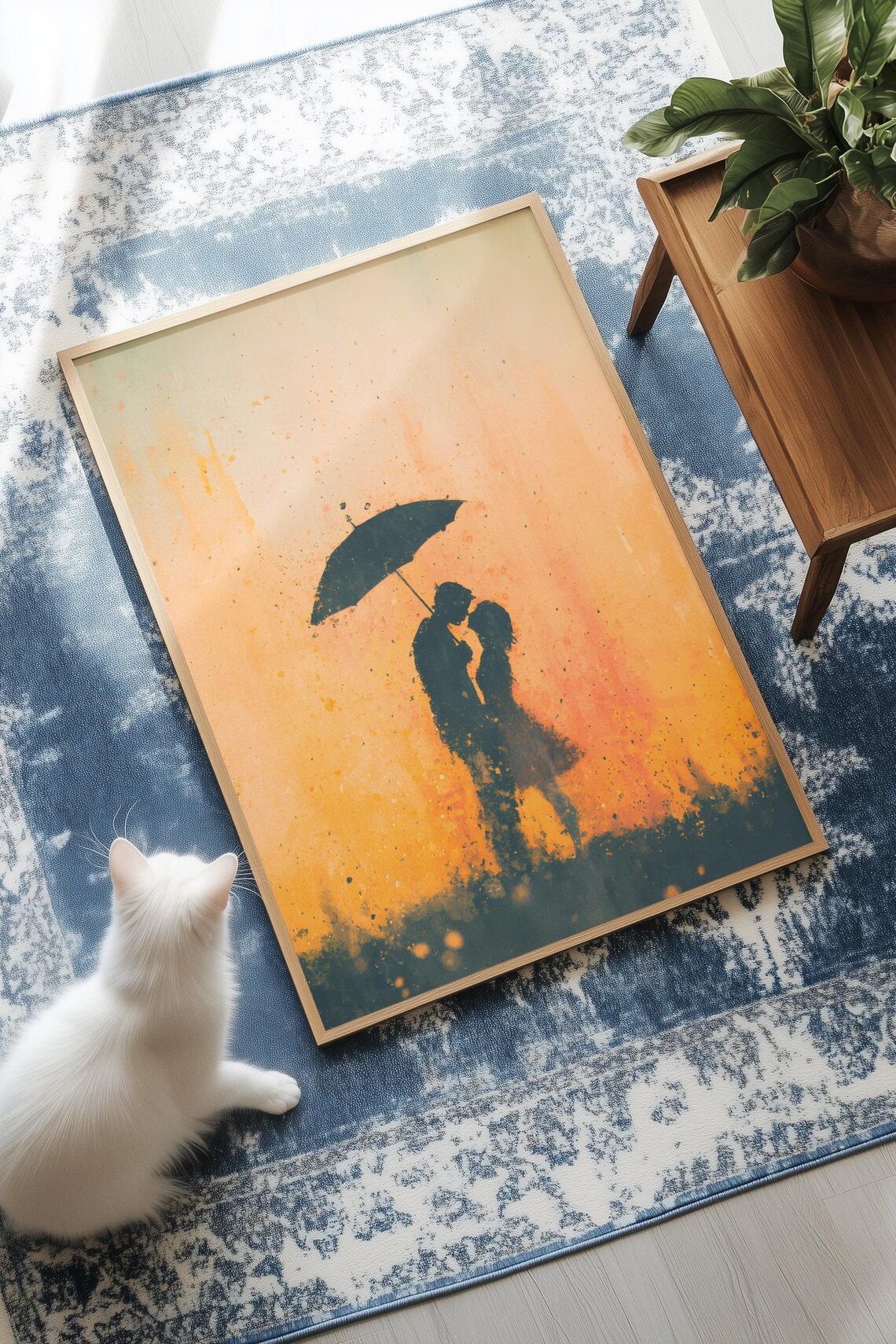 Rainy Day Couple Silhouette Under Umbrella Line Art Romantic Poster