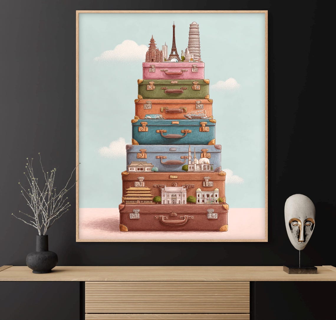 Vintage Suitcase Tower With Famous World Landmarks Travel Poster