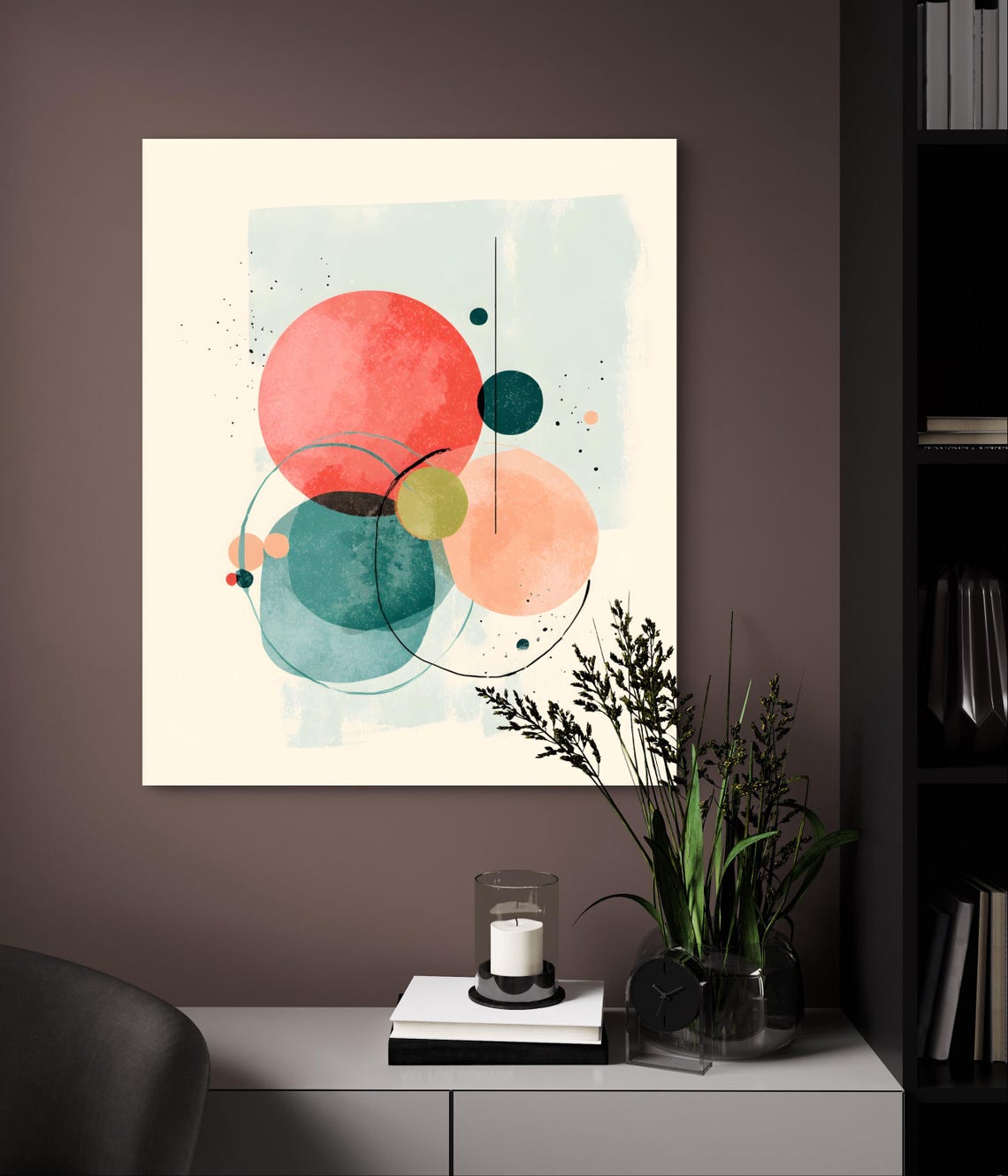 Pastel Circles and Dots Abstract Art Print in Coral and Teal