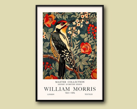 William Morris Woodpecker Perched Among Red Roses Vintage Poster