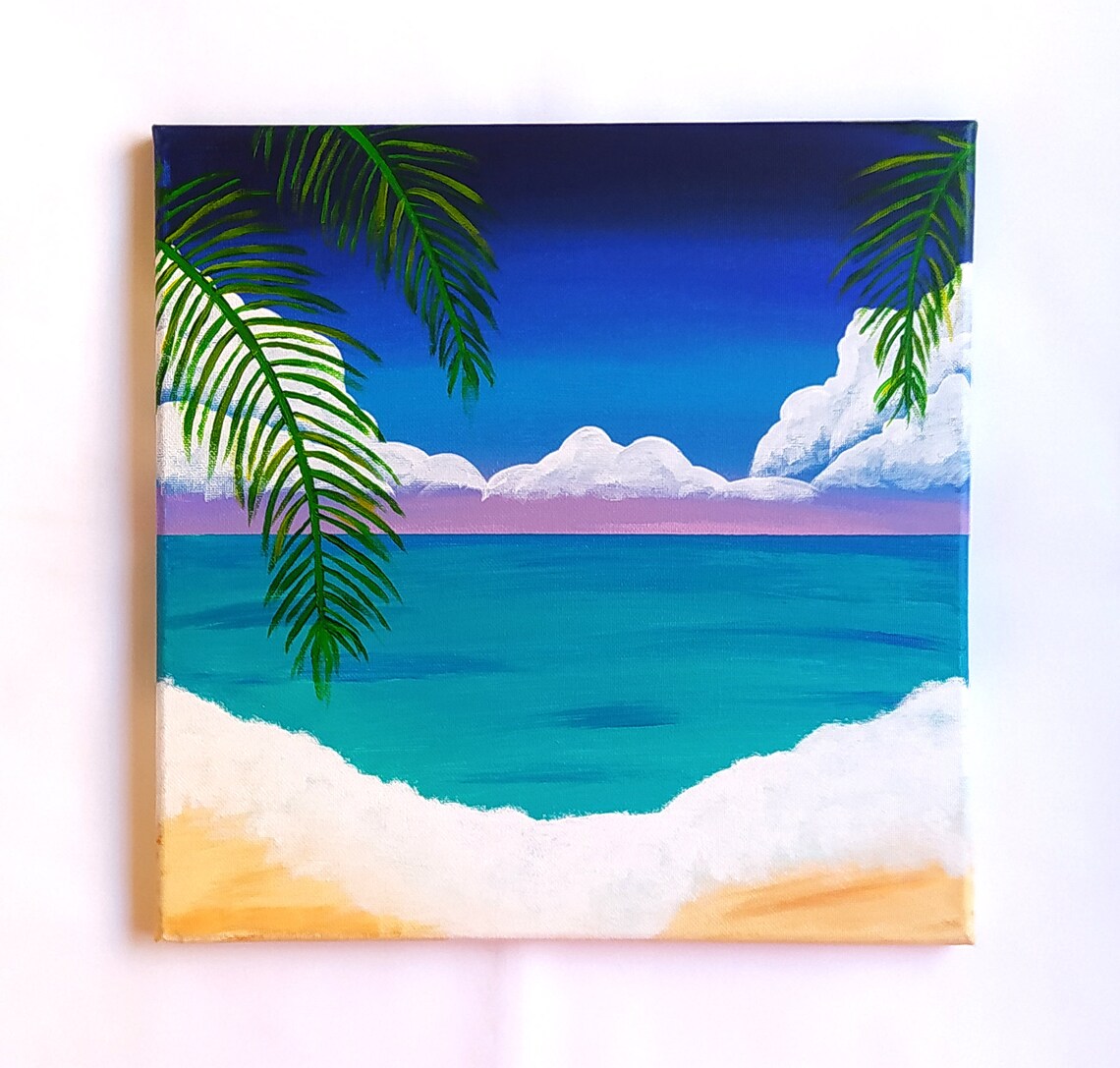 Tropical Beach Palm Fronds Turquoise Sea White Clouds Painting Print