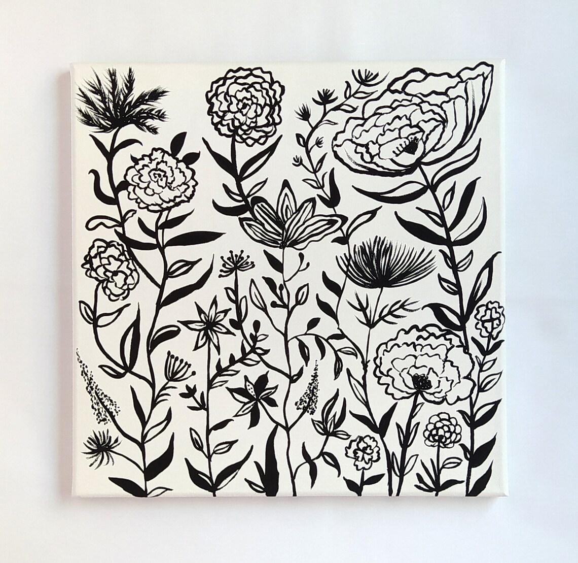 Black White Floral Line Art Peony Poppy Botanical Canvas Print