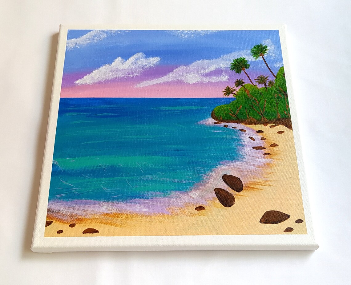 Curved Sandy Beach Palm Trees Turquoise Ocean Pink Sky Painting Print - Image 2