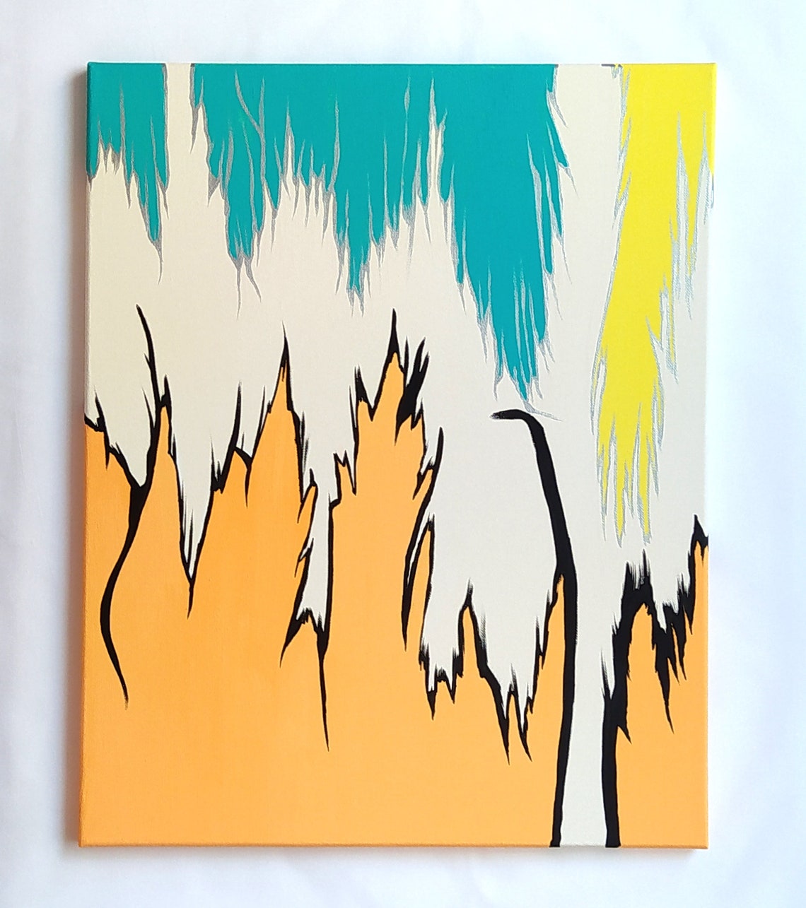 Orange Sunset Teal Wave Gold Streaks Abstract Ocean Painting Print