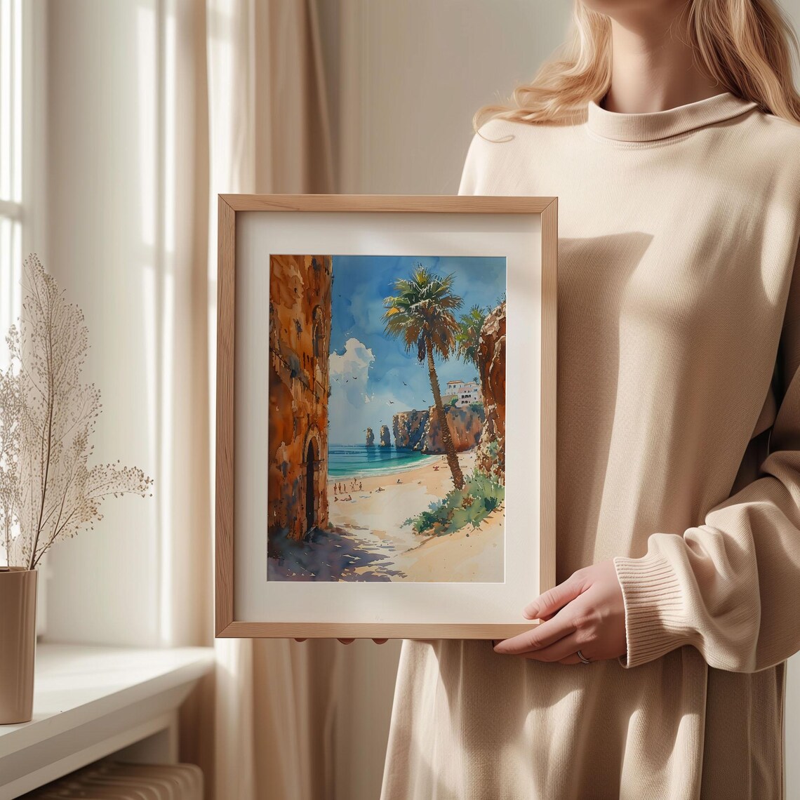 Lagos Portugal Algarve Beach Cliffs Palm Watercolor Travel Poster - Image 2