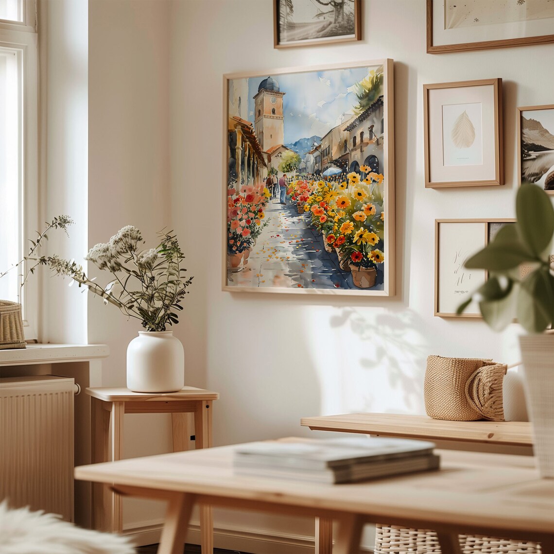 Sunny Flower Market Street Old Town Sunflowers Watercolor Poster - Image 3