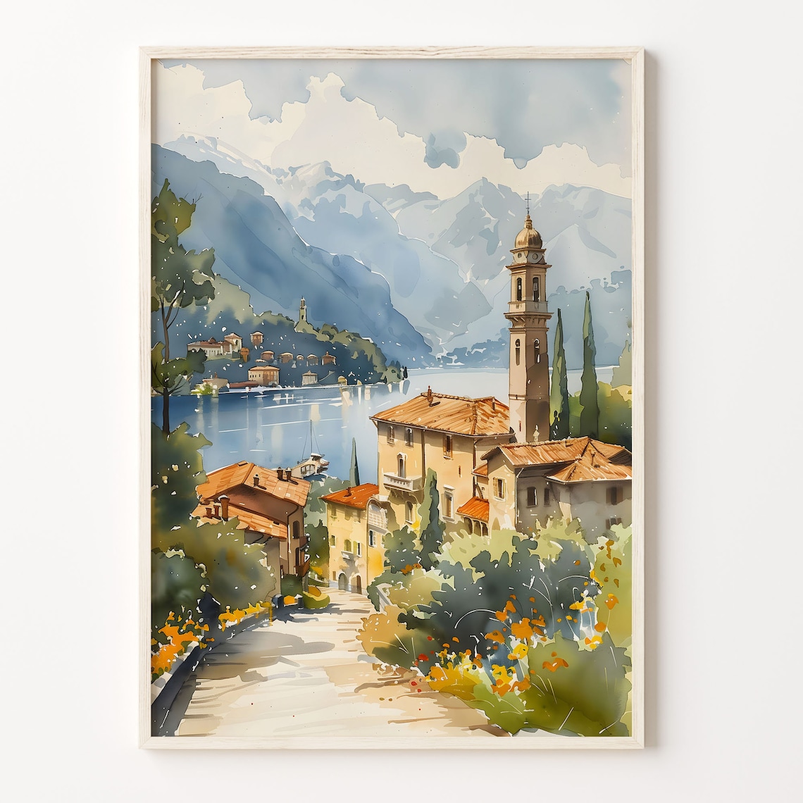 Lake Como Watercolor Painting, Italy Travel Poster