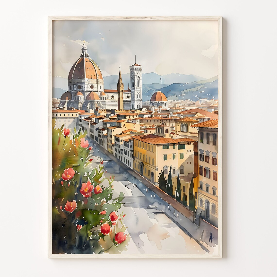 Florence Watercolor Travel Poster, Mid-Century Modern