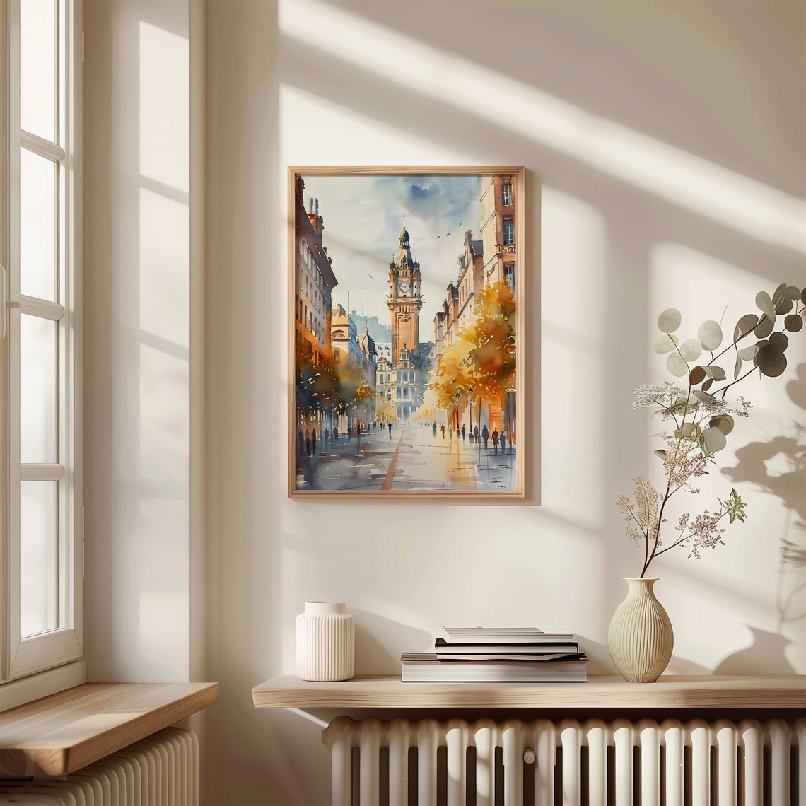 European Boulevard Historic Clock Tower Autumn Watercolor Poster - Image 4