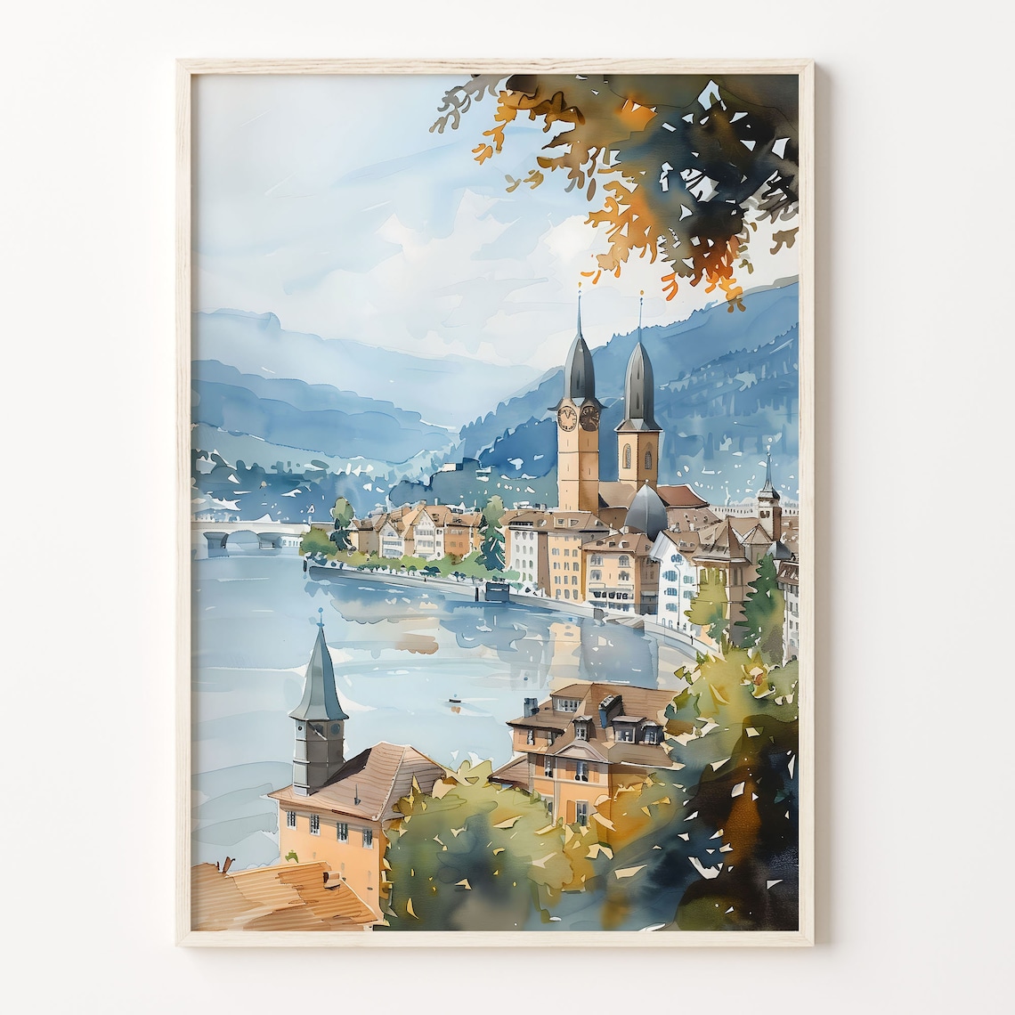 Zurich Watercolor Painting Travel Poster, Switzerland