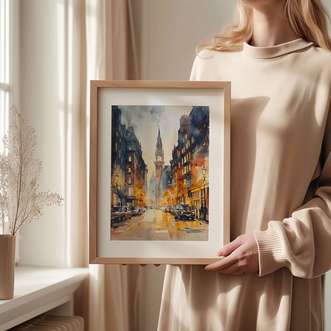 London Night Street Clock Tower Black Cab City Watercolor Poster - Image 2