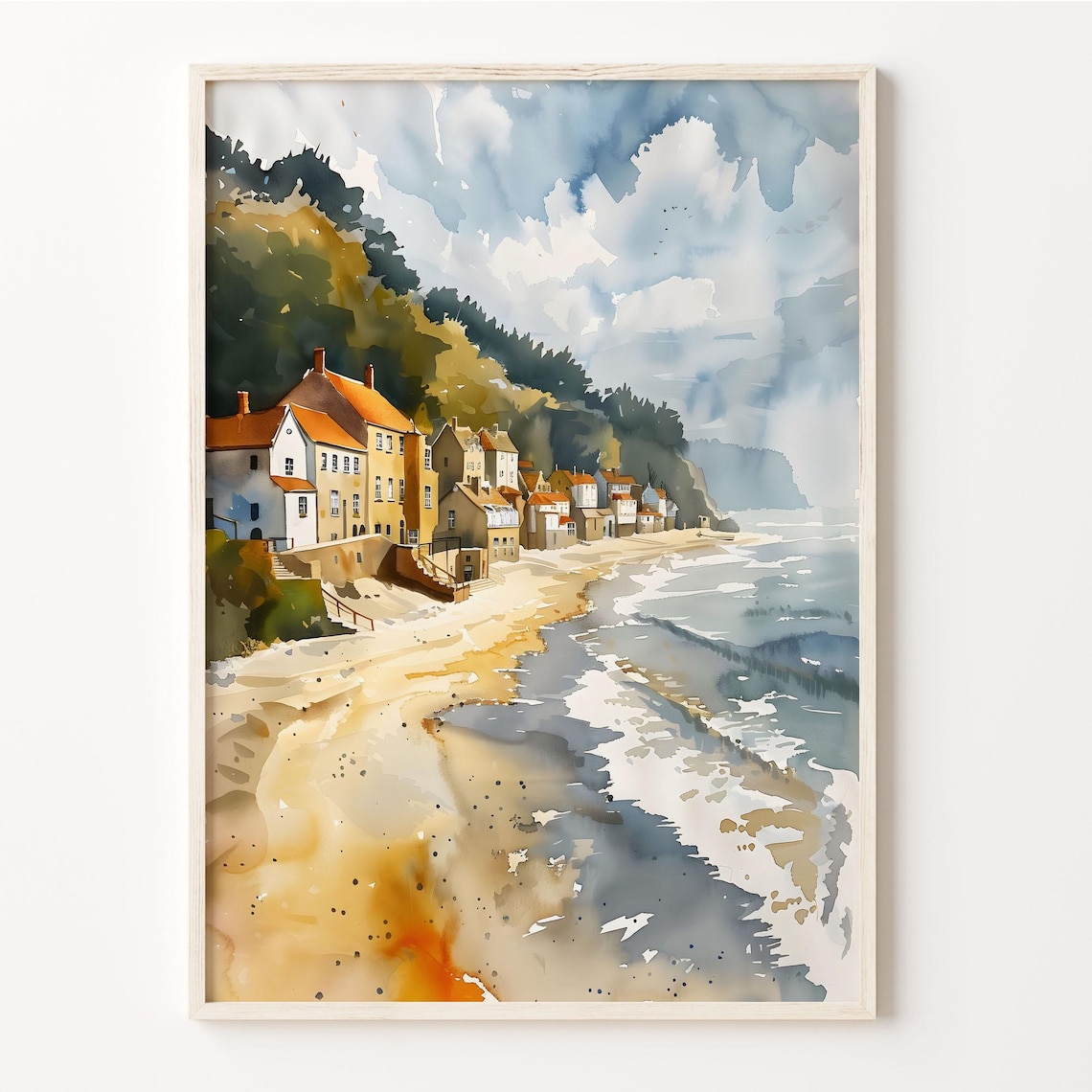 Filey Yorkshire Coastal Village Beach Watercolor Painting Poster