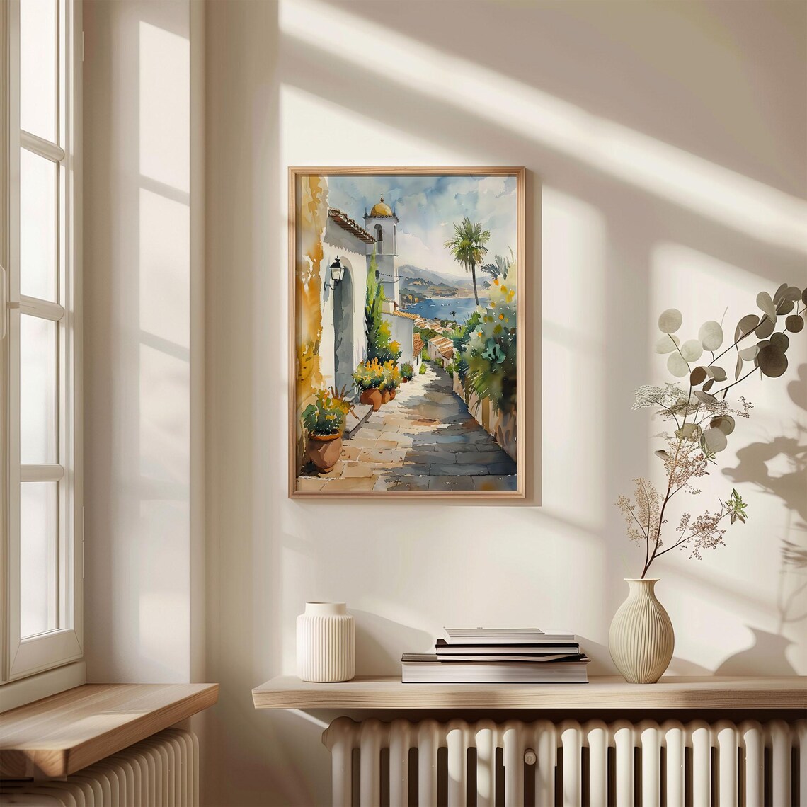 Albufeira Portugal Whitewashed Alley Church Sea View Watercolor Poster - Image 4