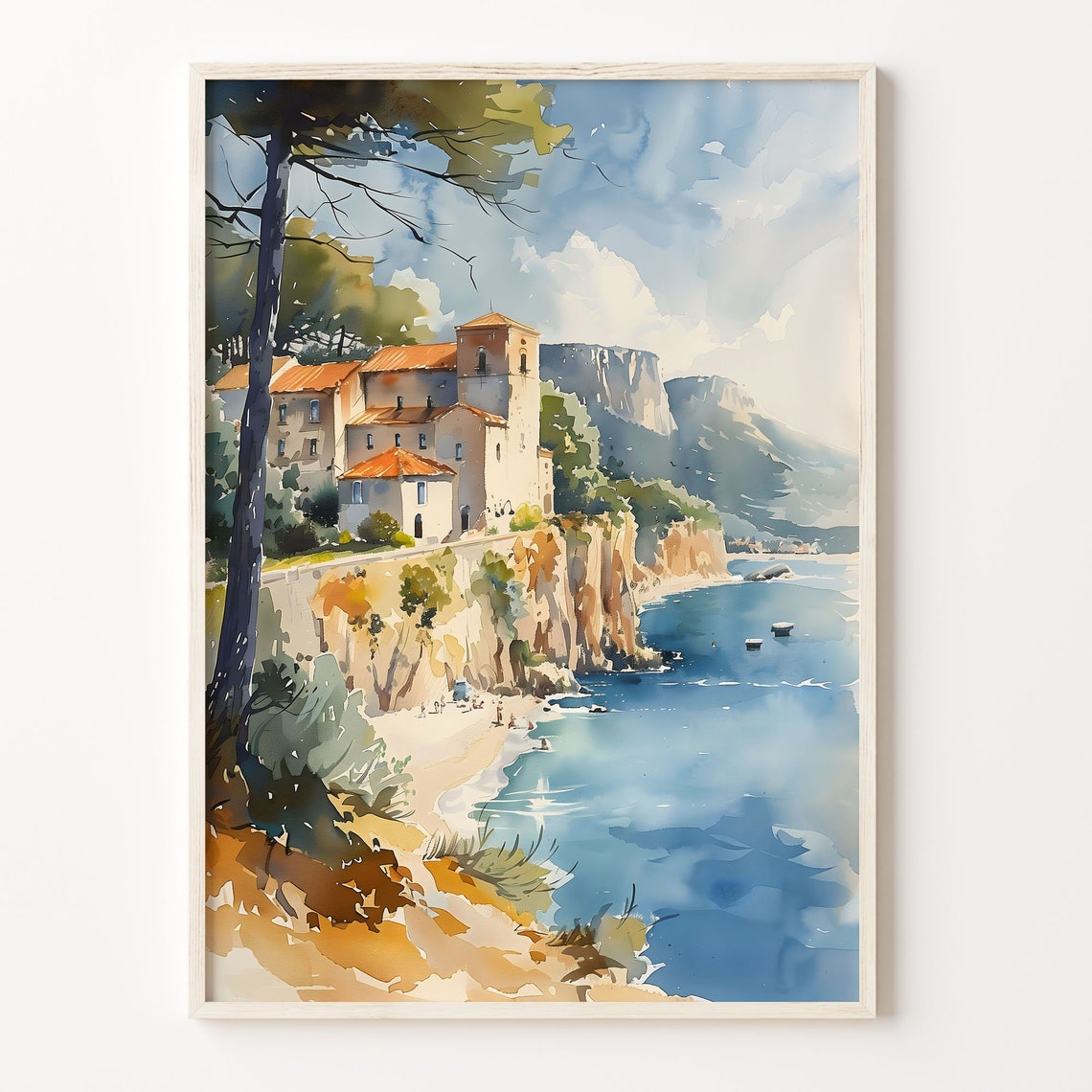 Mediterranean Sunlit Cliffside Village Sea Cove Watercolor Poster
