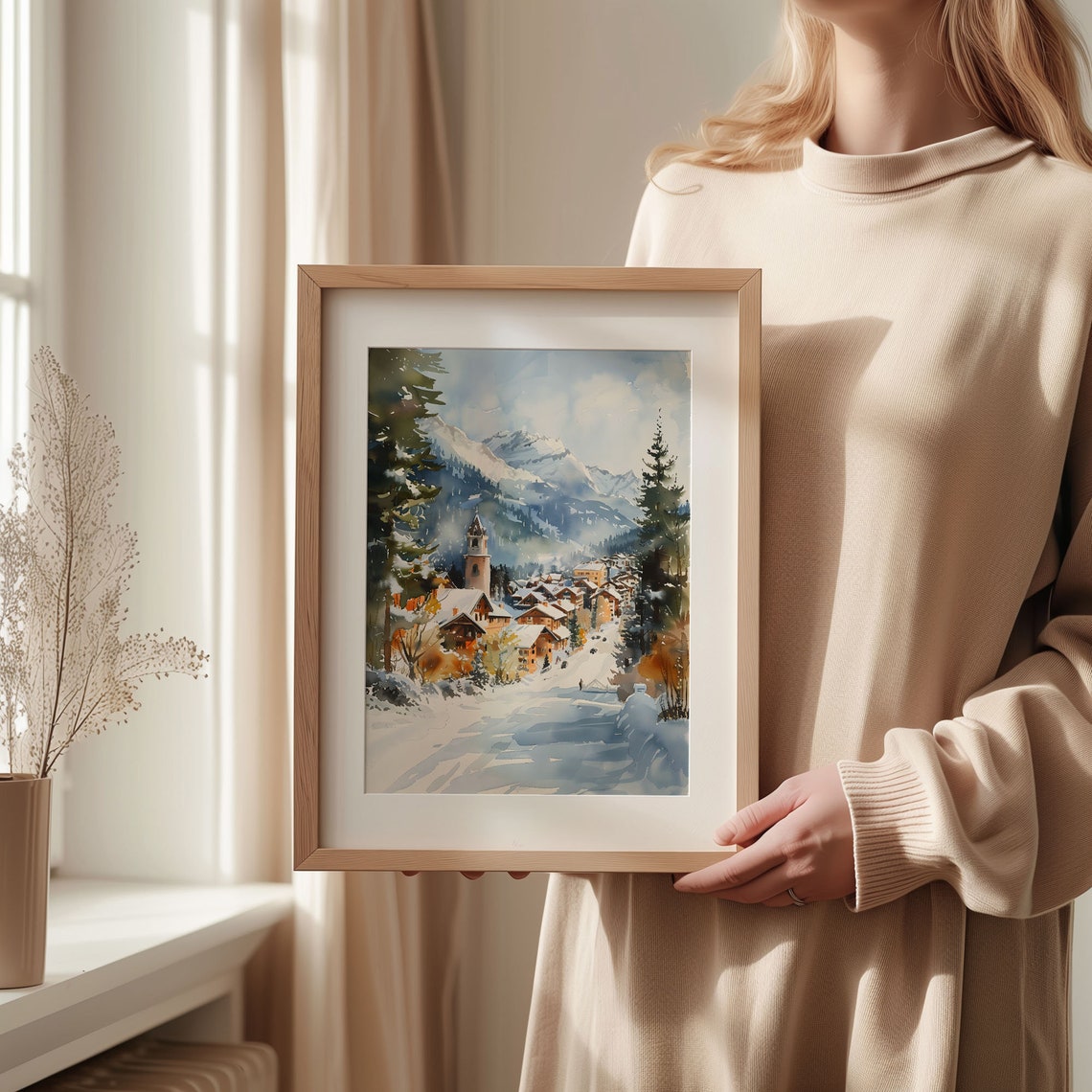 Whistler Snowy Mountain Village Watercolor Poster Alpine Winter Glow - Image 2