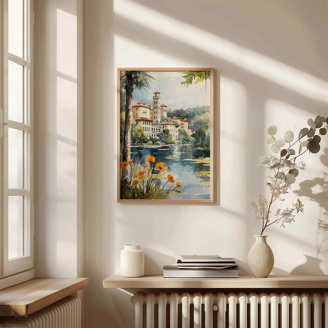 Orlando Florida Watercolor Poster Mediterranean Villa Lakeside Palms - Image 4