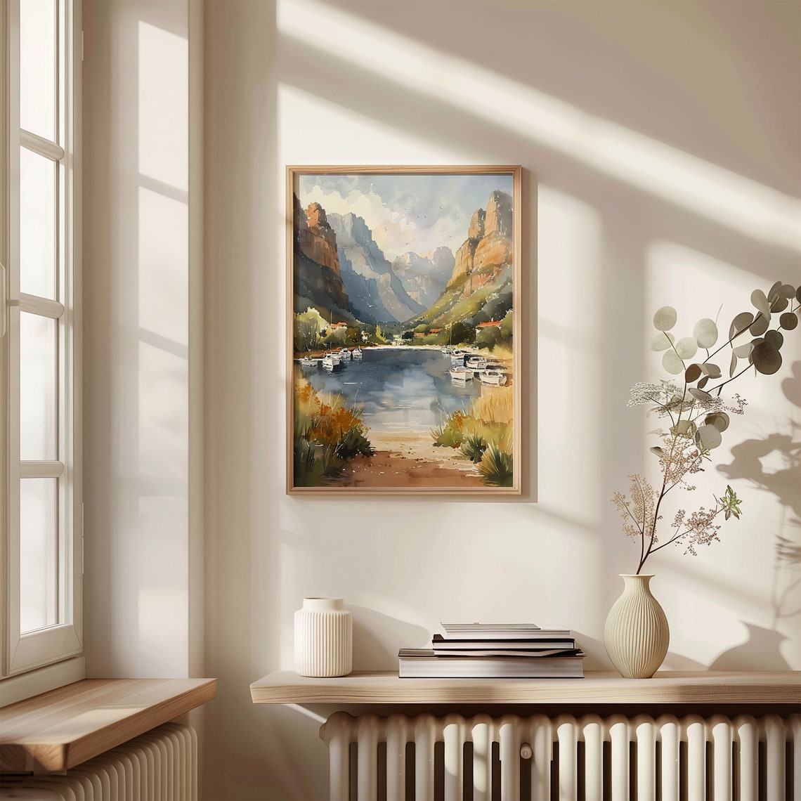 Serene Mountain Lake Boats Valley Reflections Watercolor Poster - Image 4