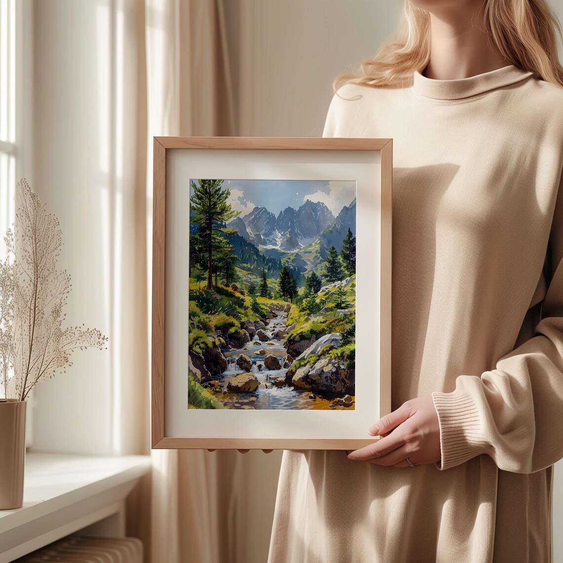 Pyrenees France Mountain Stream Pine Forest Snowy Peaks Watercolor Poster - Image 2