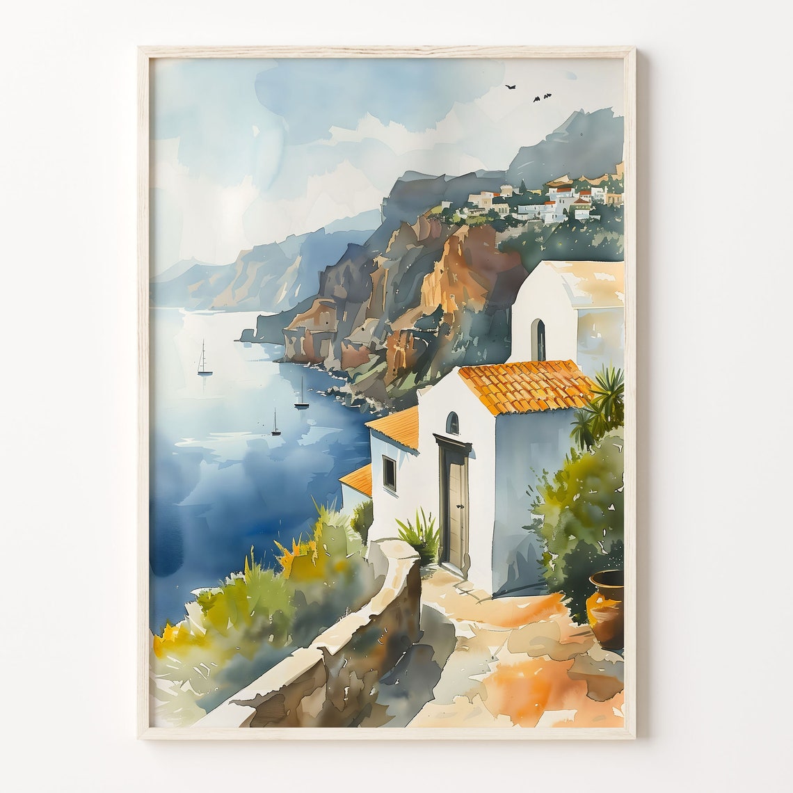 Santorini Whitewashed Cliffside Village Aegean Watercolor Poster