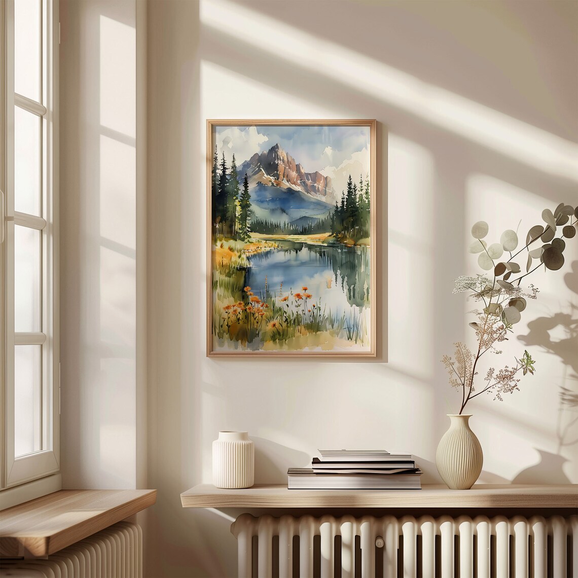Banff Mountain Lake Watercolor Poster Wildflowers Pines Reflection - Image 4