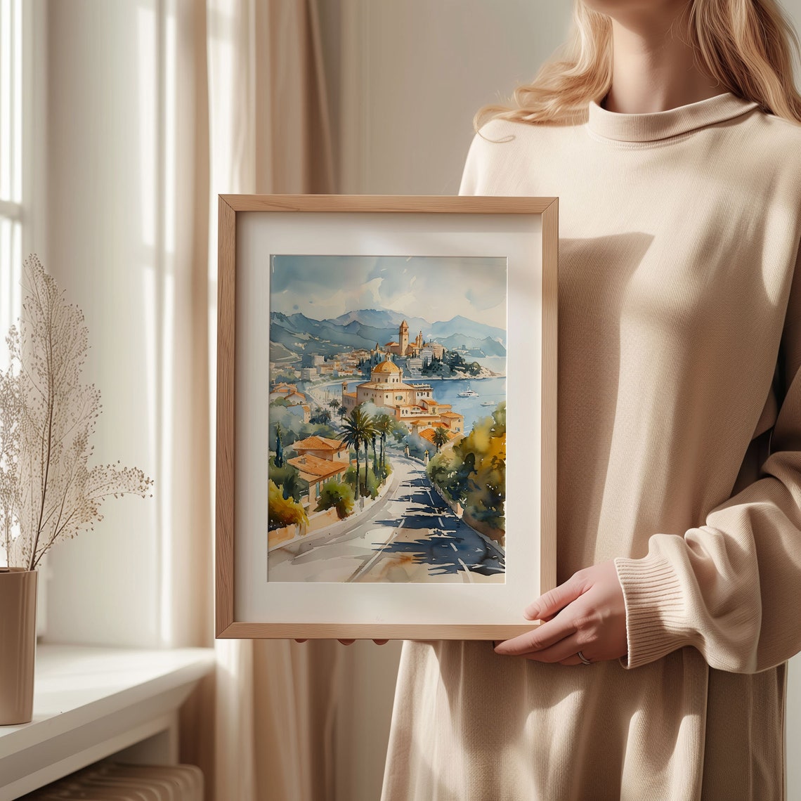 Cannes French Riviera Hillside Town Harbor View Watercolor Print - Image 2