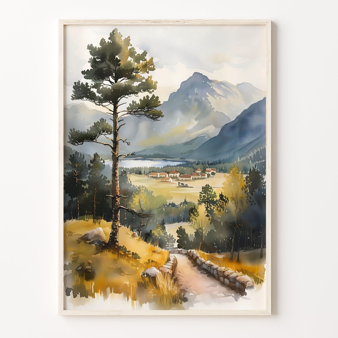 Scottish Highlands Mountain Valley Pine Lake Watercolor Travel Poster