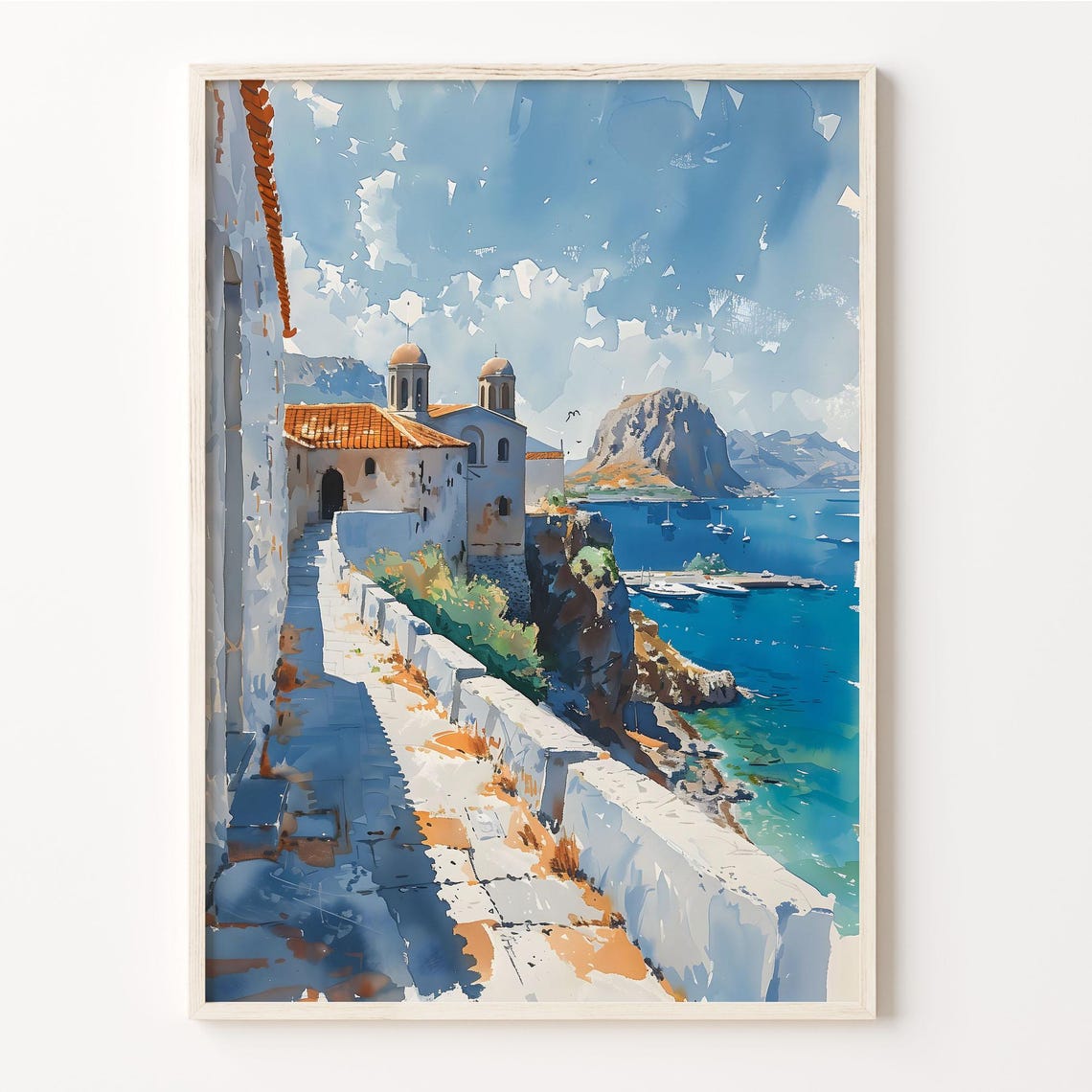 Lindos Rhodes Chapel Cliff Path Turquoise Bay Watercolor Poster