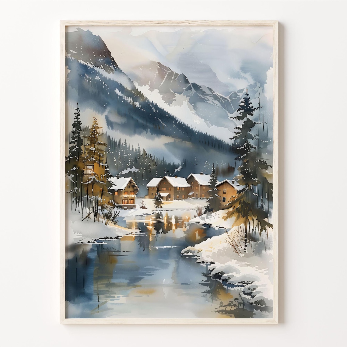 Lapland Finland Snowy Village Watercolor Winter Wonderland Poster