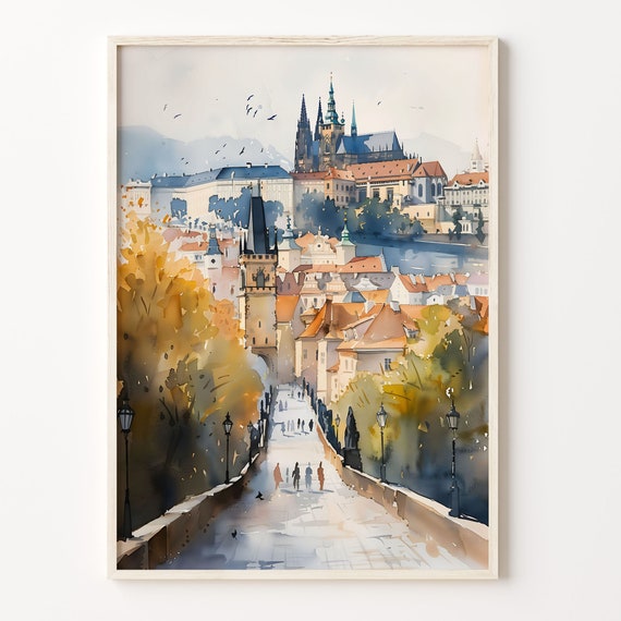 Prague Watercolor Painting Travel Poster, Cityscape Decor