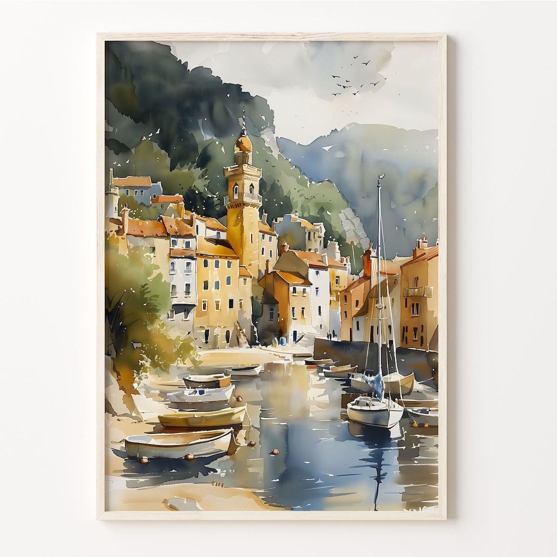 South Devon England Fishing Harbor Boats Watercolor Coastal Poster