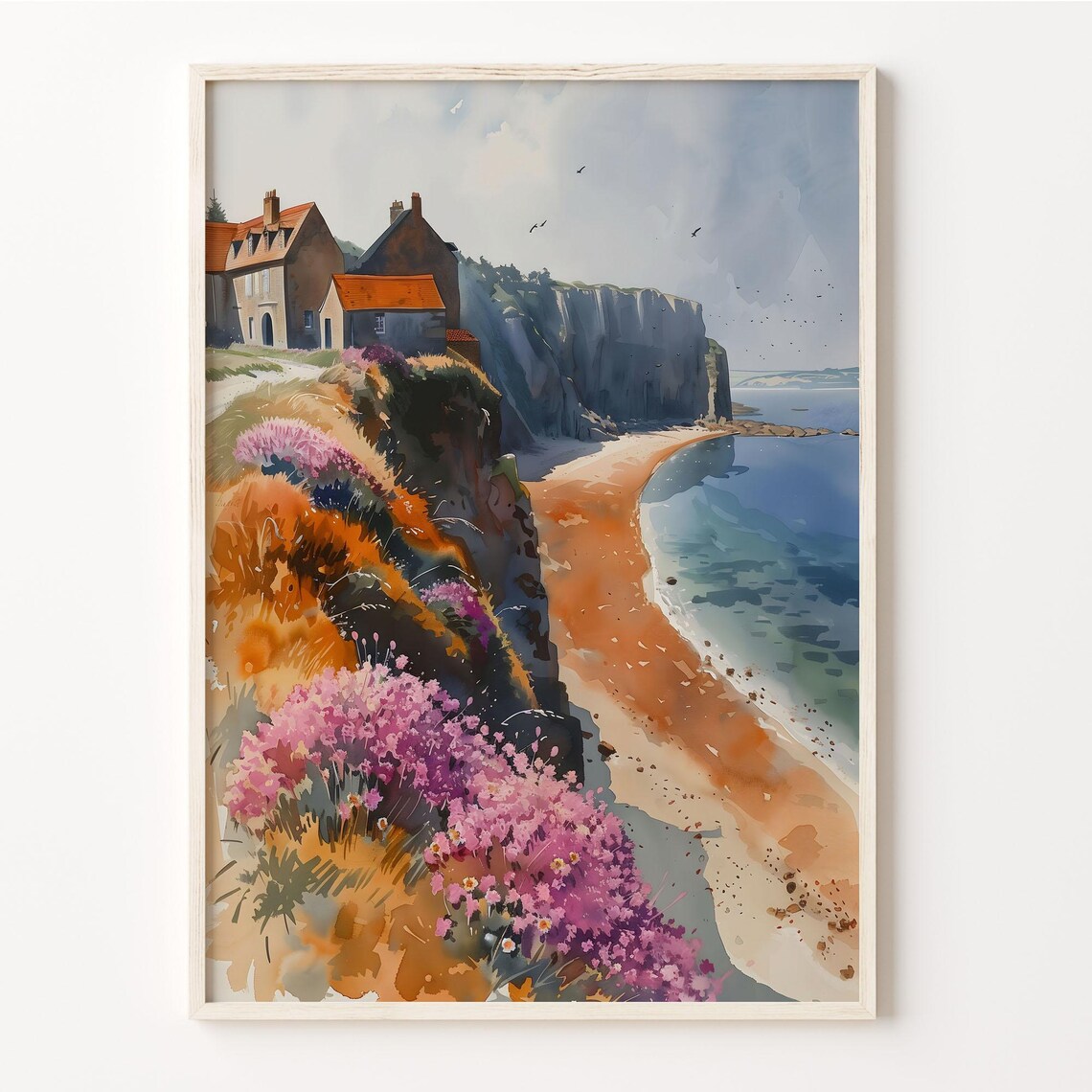 Normandy France White Cliffs Heather Watercolor Painting Poster
