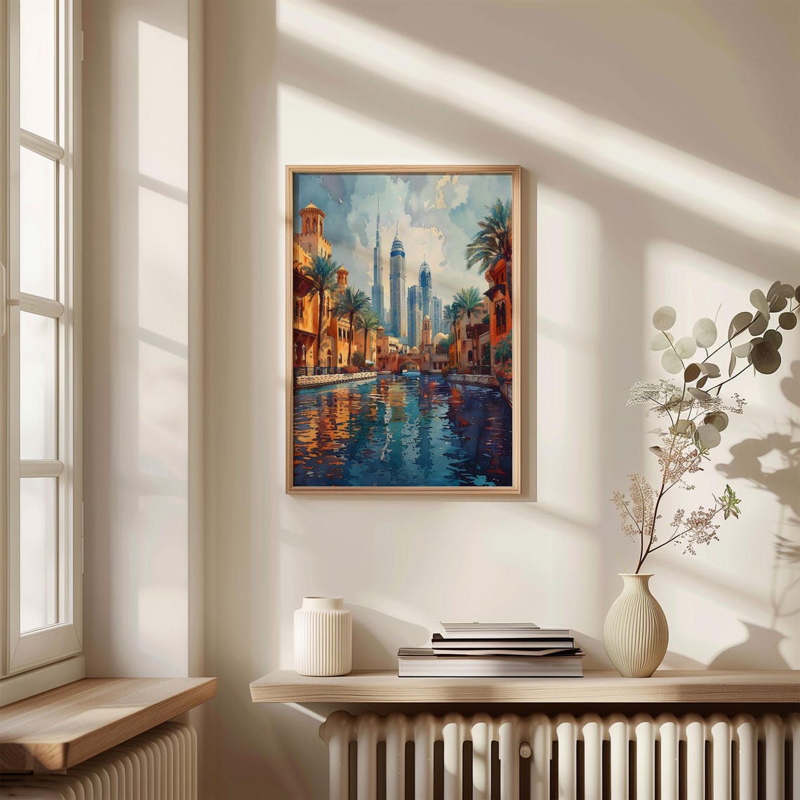Dubai Old Canal Modern Skyscrapers Palm Reflections Watercolor Poster - Image 4