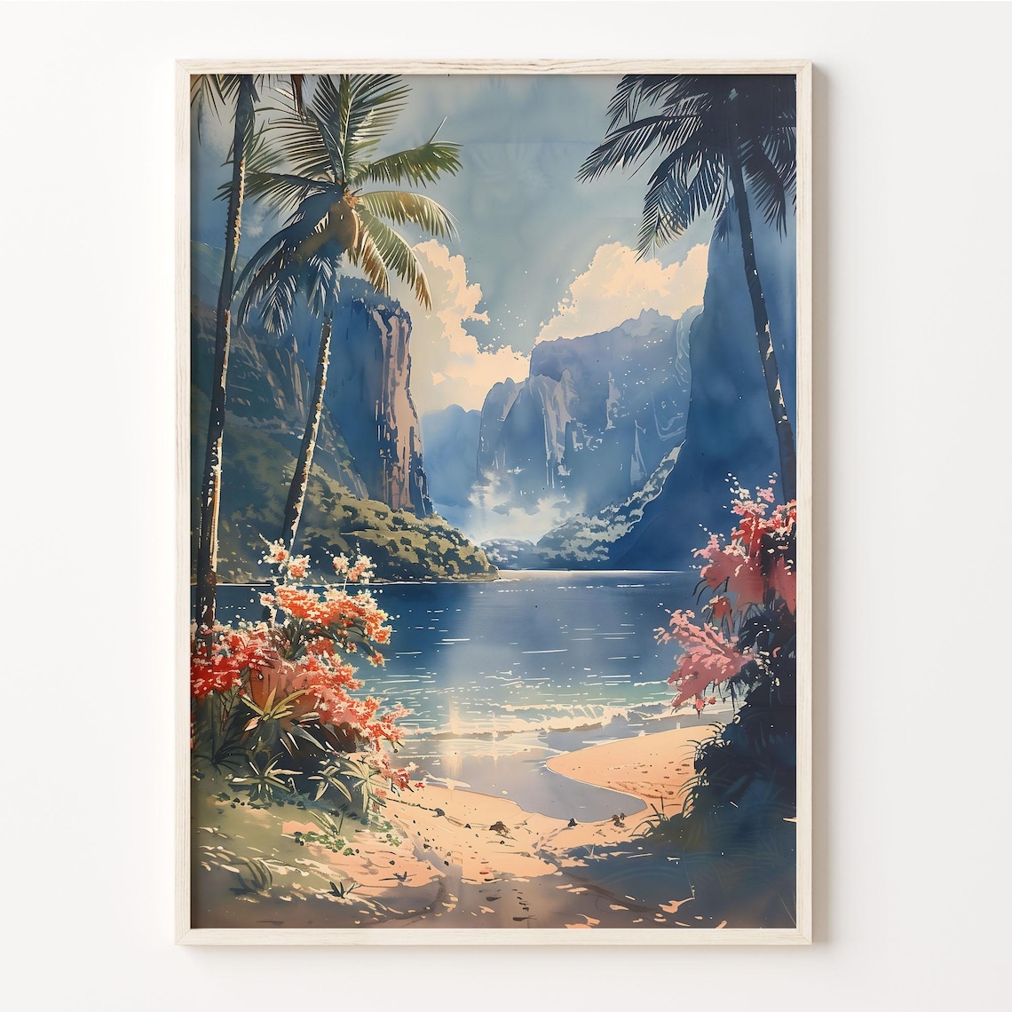 Hawaii Watercolor Retro Travel Poster, Living Room Art