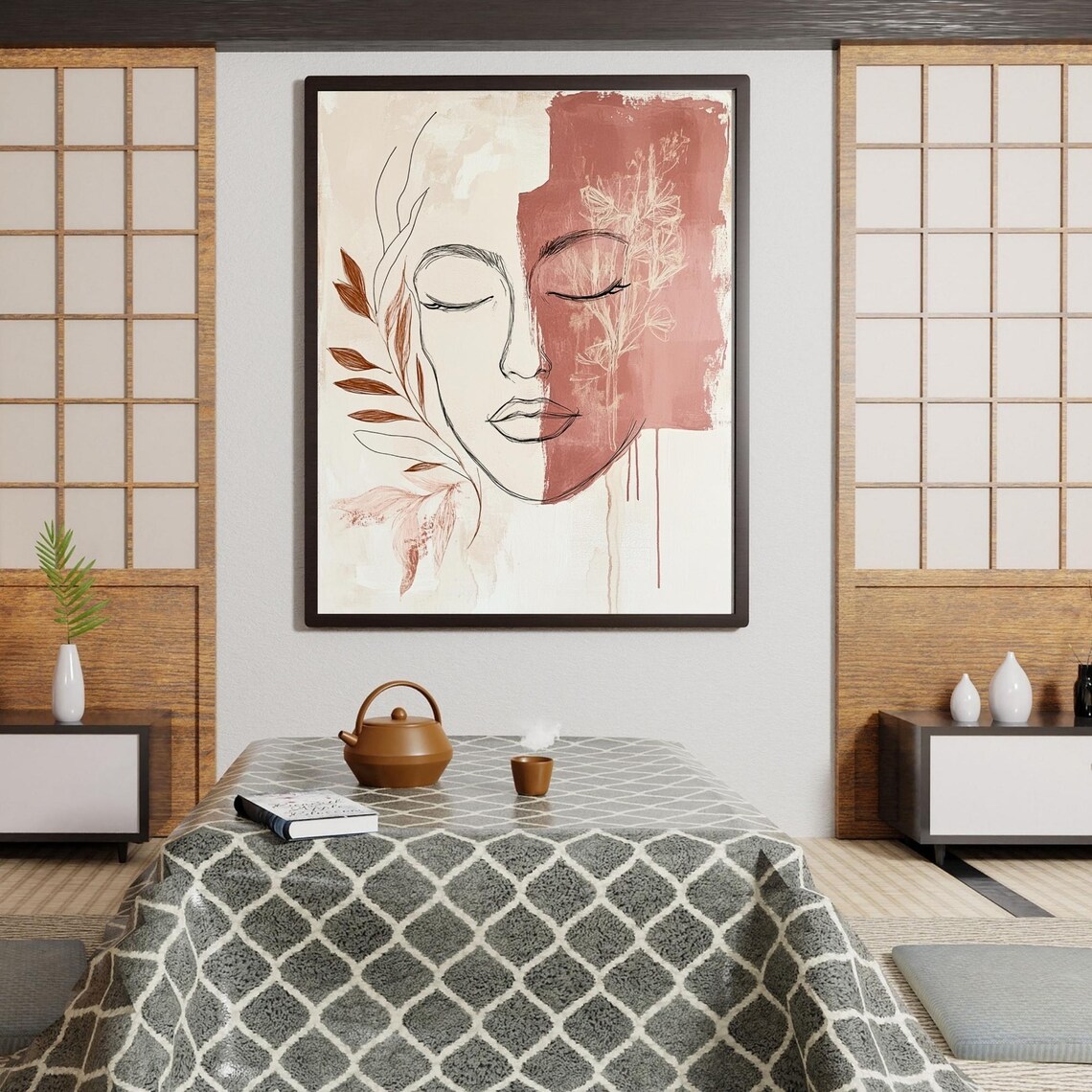 Terracotta Boho Woman Face Line Art Minimalist Portrait Poster